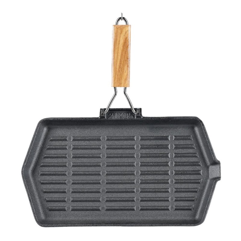 Grillpan gietijzer met opvouwbaar houten handvat, 35x21 cm - Productenvergelijking