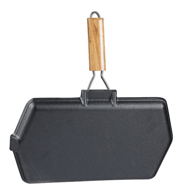 Grillpan gietijzer met opvouwbaar houten handvat, 35x21 cm | Gietijzeren pan Grillpan gietijzer met opvouwbaar houten handvat, 35x21 cm | Gietijzeren pan | |