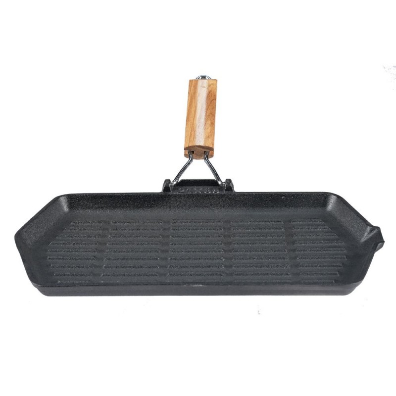 Grillpan gietijzer met opvouwbaar houten handvat, 35x21 cm - Productenvergelijking